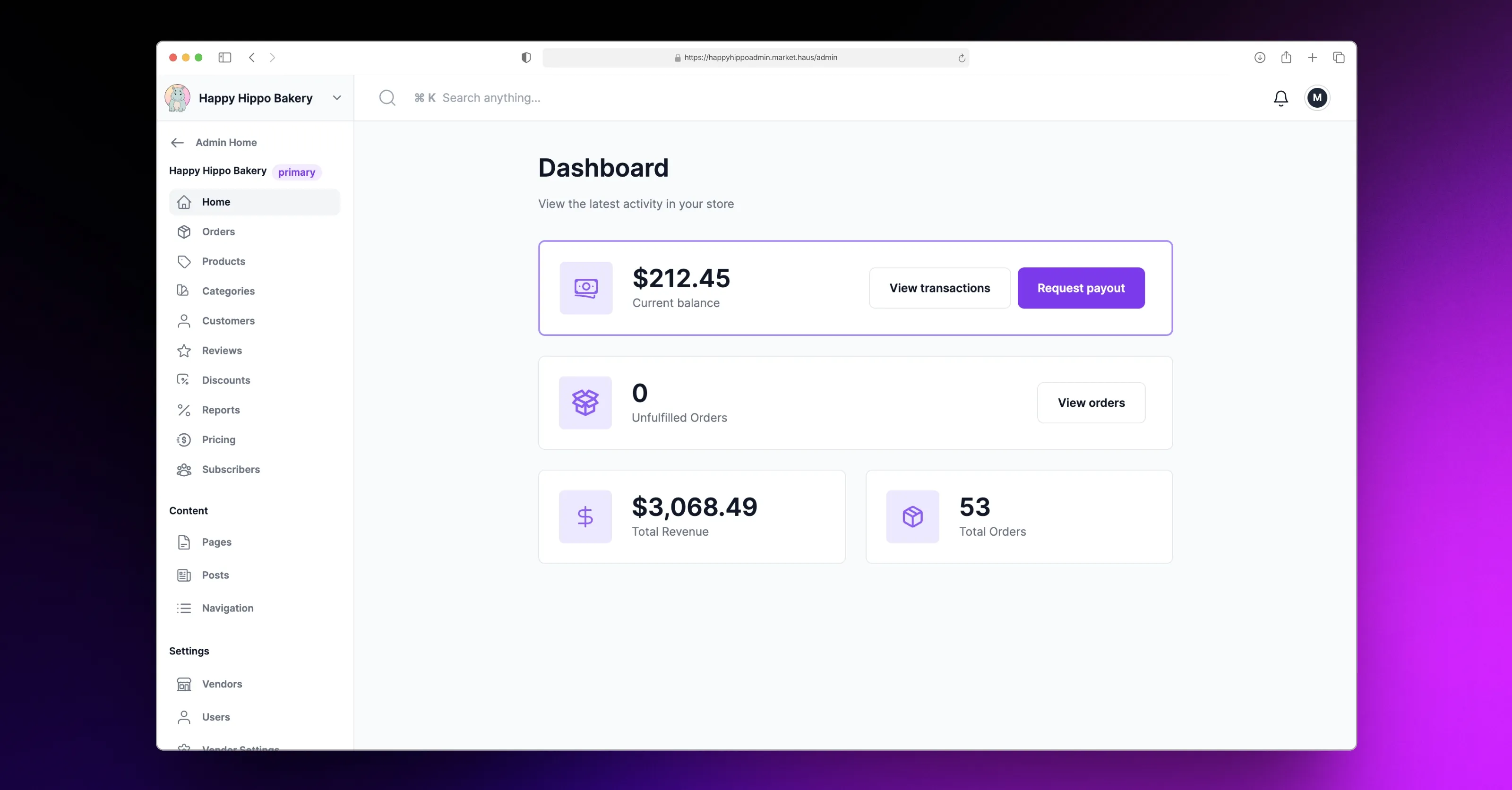 Happy Hippo Bakery admin dashboard on Market Haus with sidebar navigation, search, current balance and payout actions, revenue, and order metrics.