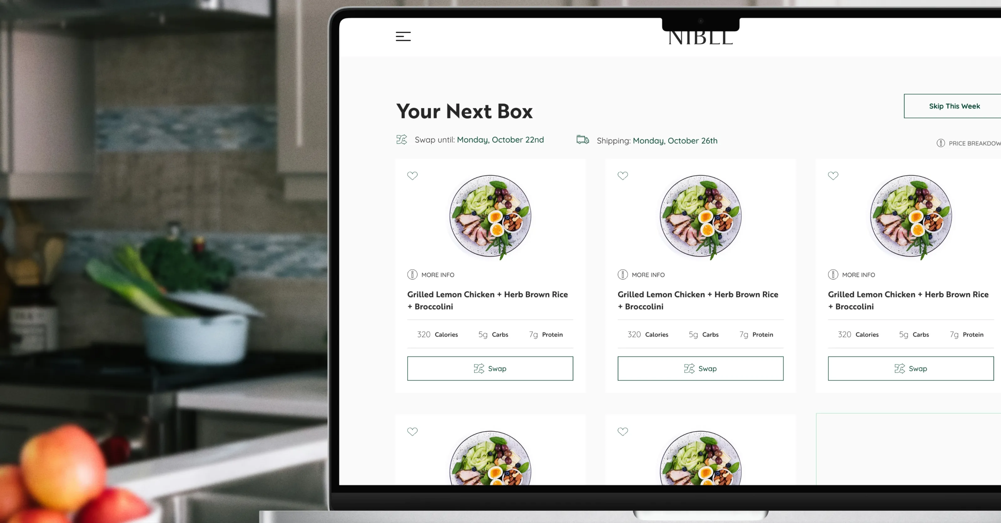 Nibble meal subscription web app on a laptop in a kitchen, showing Your Next Box with grilled chicken meal cards, nutrition stats, and swap controls.