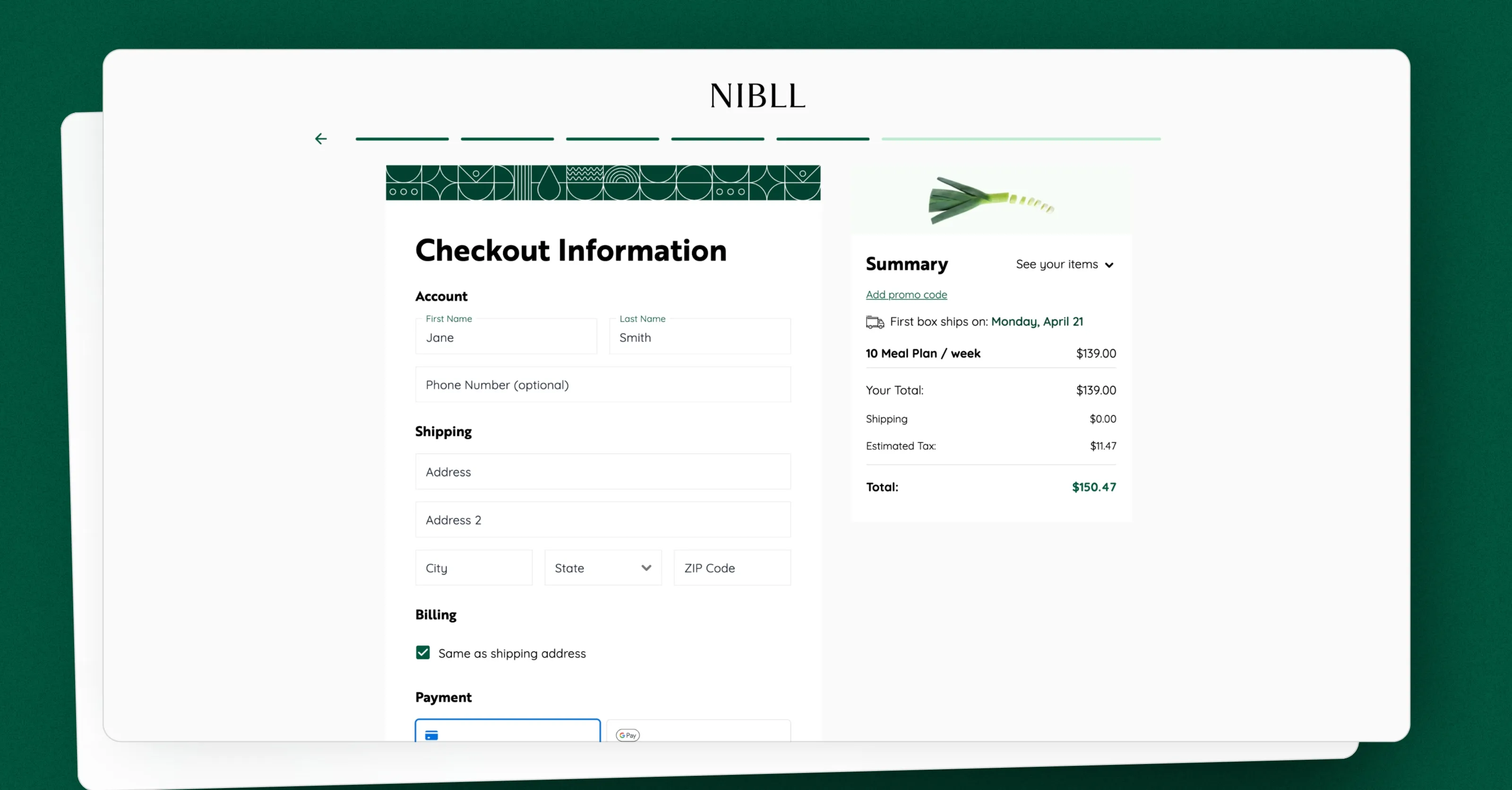 NIBLL checkout information screen with account, shipping, billing, payment, and order summary sections.