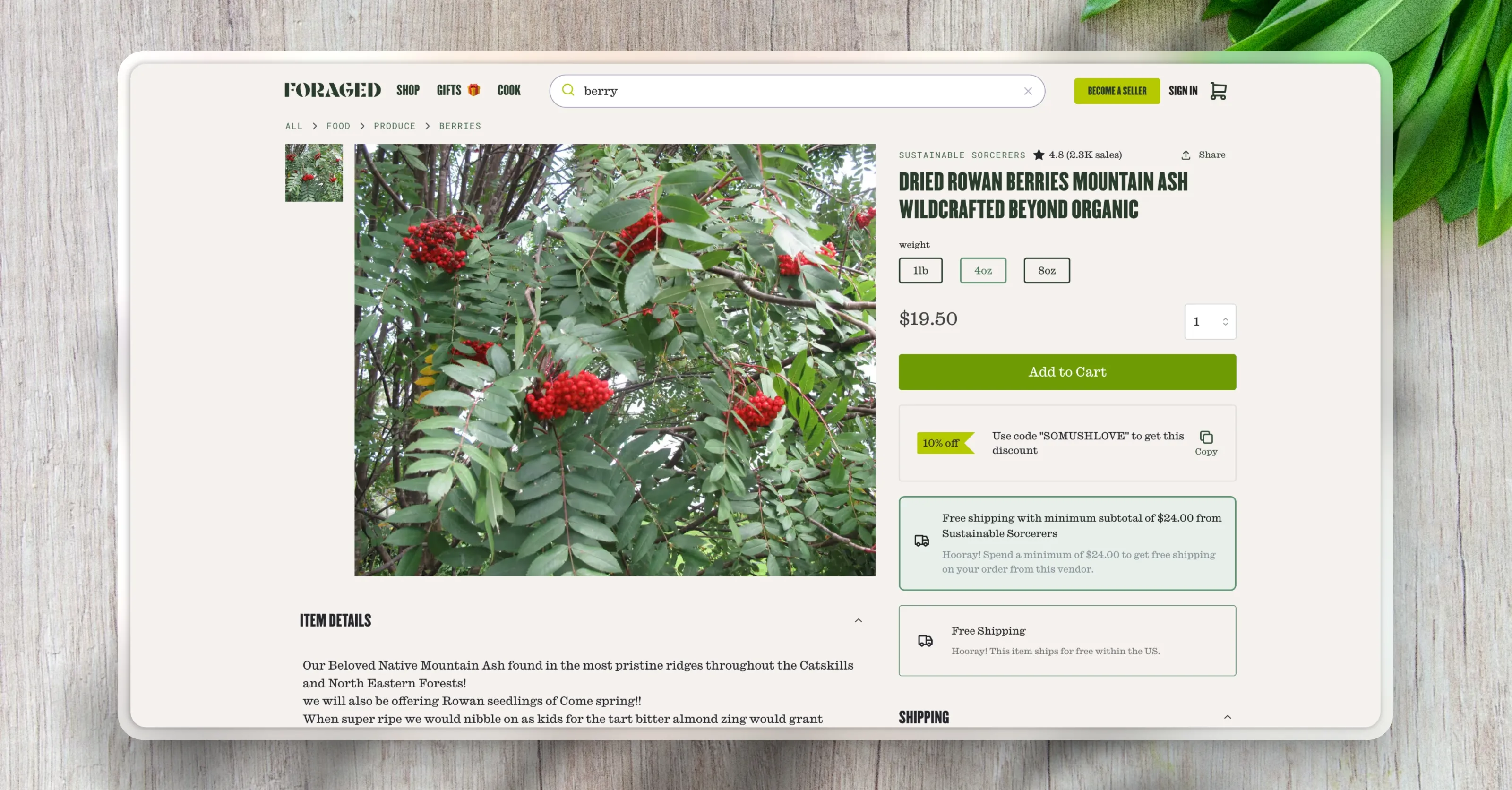 Foraged product detail page for dried rowan berries with product options and cart action.