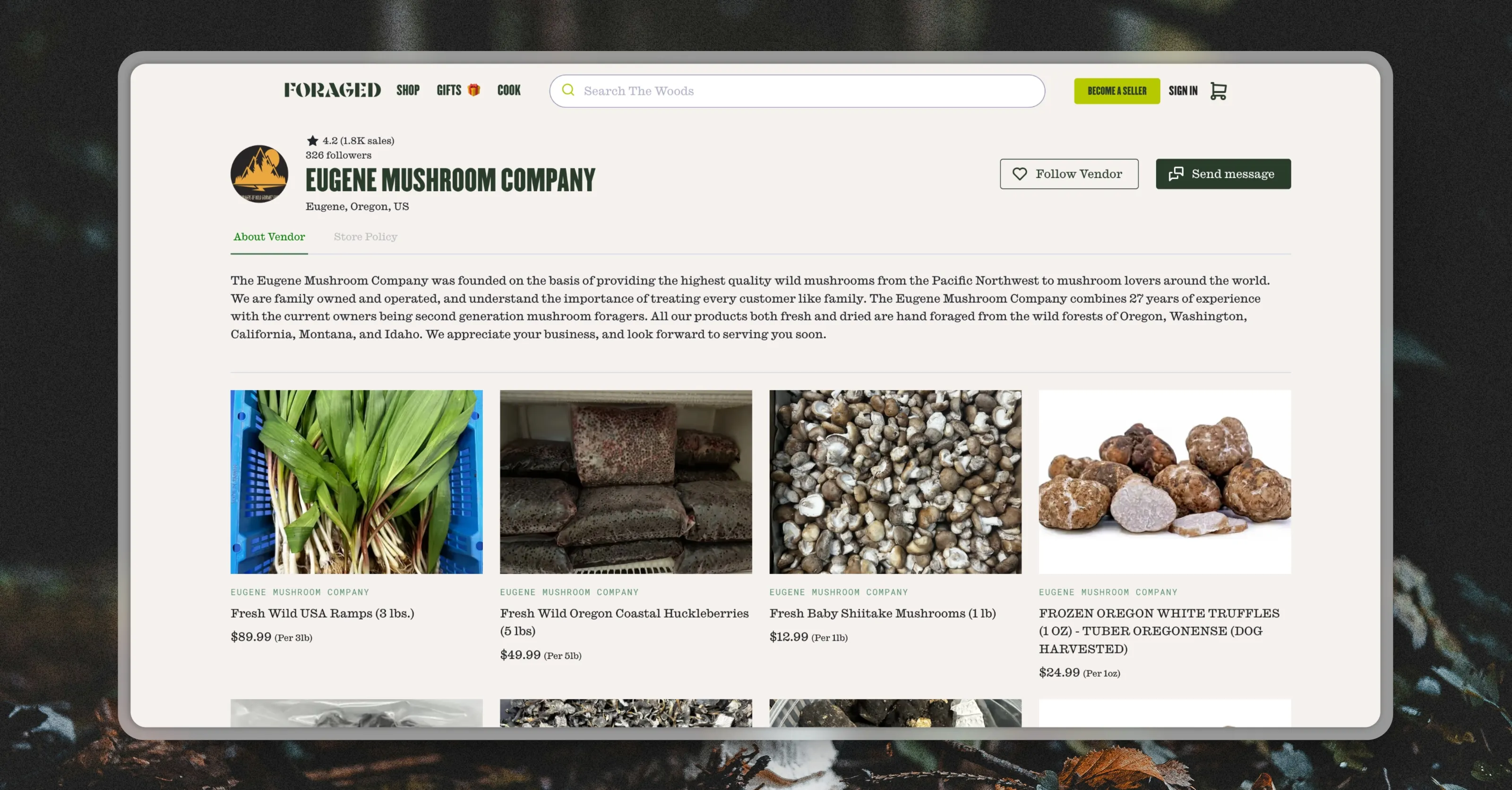Foraged vendor profile page for Eugene Mushroom Company with product cards.