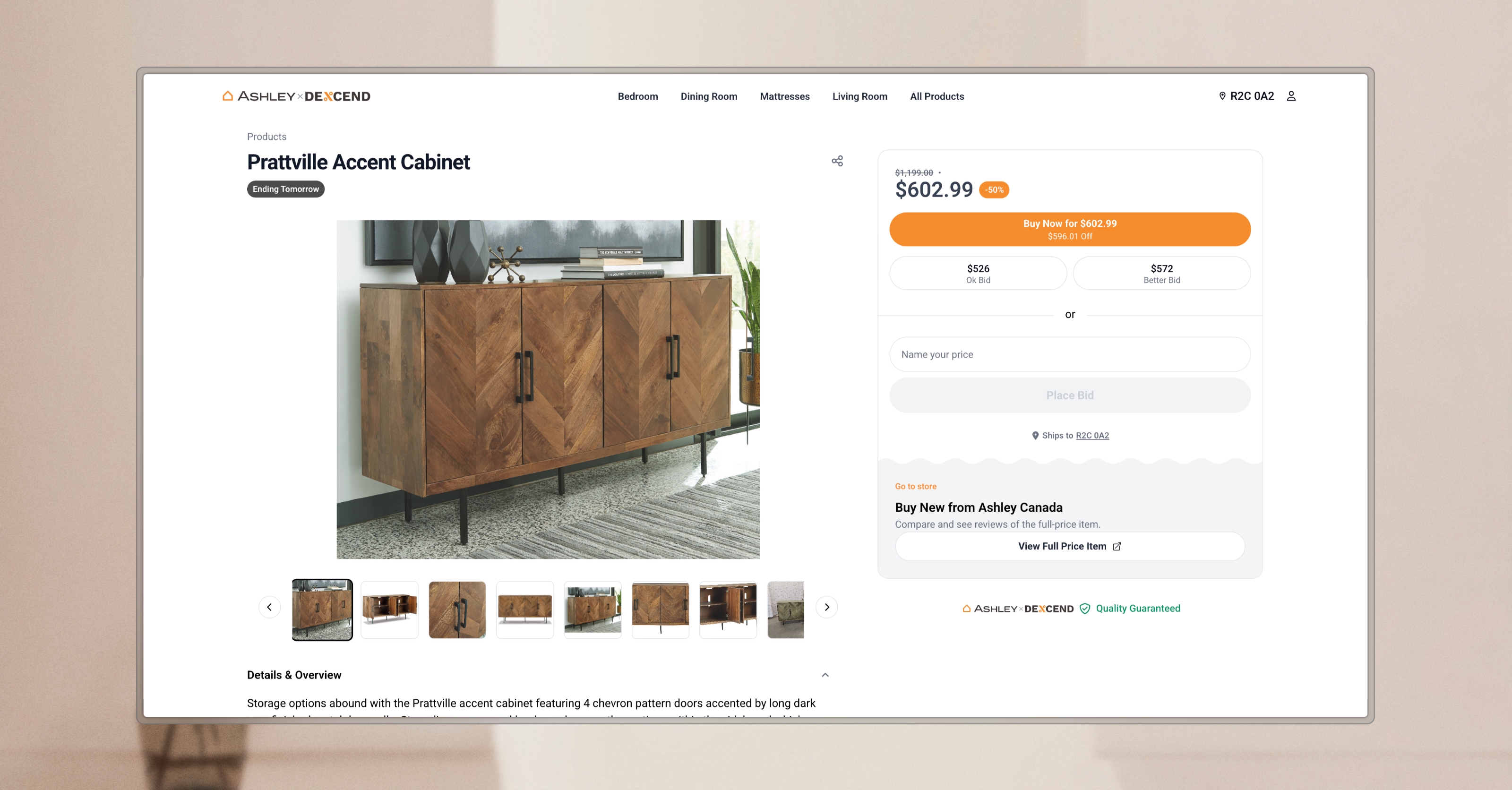 Ashley x Descend desktop product page for the Prattville Accent Cabinet with gallery, buy-now pricing, and name-your-price bidding.